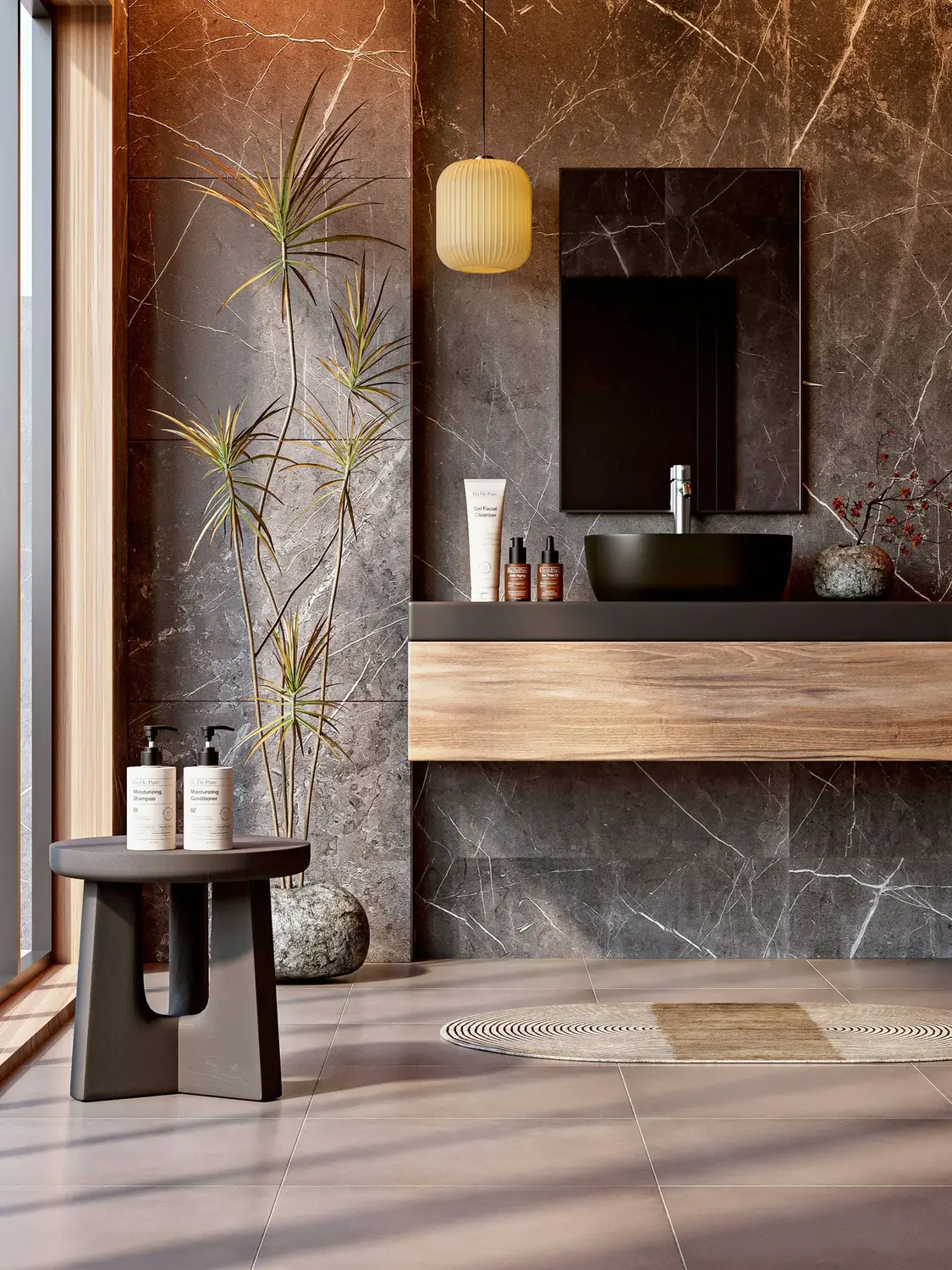Salle de bain aux murs de pierre sombre veinée de blanc, avec plan vasque et meuble en bois